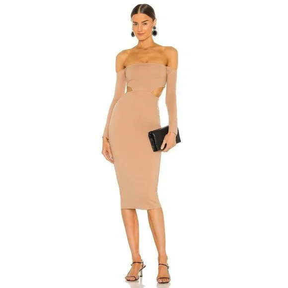 NBD Stassi Midi Dress Toffee Brown Cut Out Bodycon Revolve M NWT $188